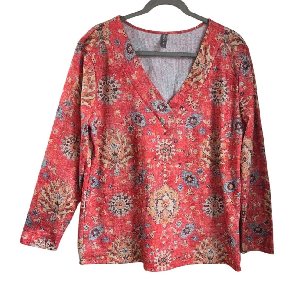 Noracora  XXL Plus Size Tunic Top Boho Floral V-Neck Long Sleeve Coral Relaxed